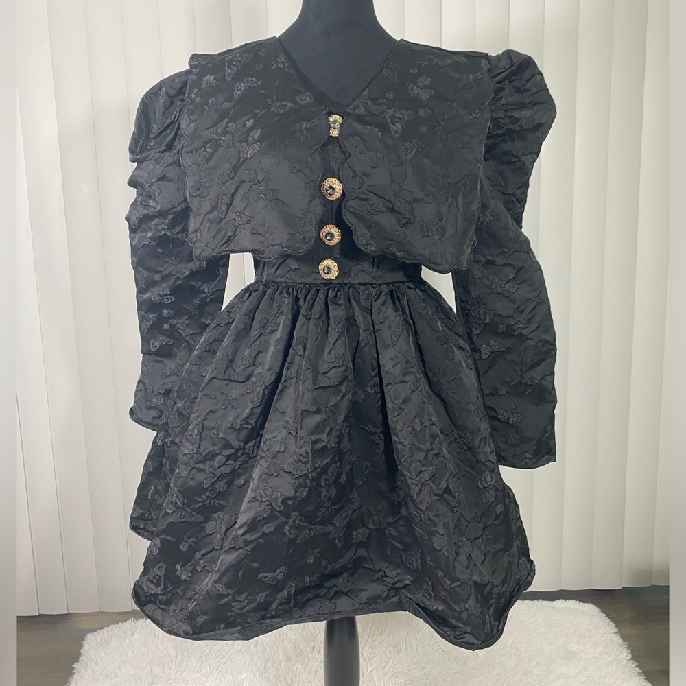 💔SOLD💔SISTER JANE Grange Jacquard Mini Dress Long Sleeve Rhinestone Button Black - Picture 6 of 14